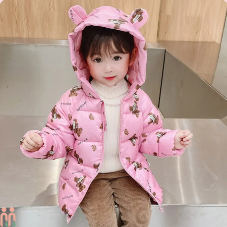 کاپشن پفی بچه گانه دخترانه اسپرت ضدآب گرم 3 لایه وارداتی صورتی خرس تدی kids hooded jacket