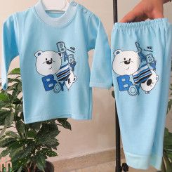 لباس بلوز شلوار نوزاد و کودک پسرانه نخی آبی خرسی Baby clothes set