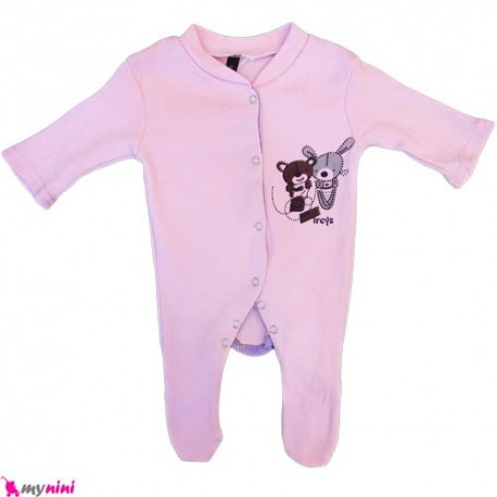 سرهمی نخی نوزاد و کودک 0 تا 9 ماه صورتی خرس Baby cotton sleepsuit