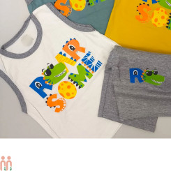 رکابی و شلوارک بیسکویتی نوزاد و بچه گانه نخی شیری طوسی دینو kids clothes set