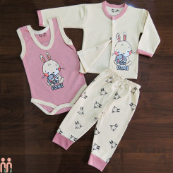 لباس ست نوزادی و کودک دخترانه بادی رکابی و مانتو و شلوار نخی 3 تکه کالباسی کرمی خرگوش Baby new cotton clothes set