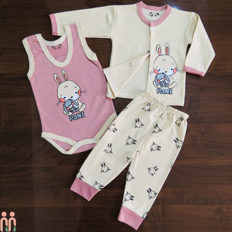 لباس ست نوزادی دخترانه بادی رکابی و مانتو و شلوار نخی 3 تکه کالباسی کرمی خرگوش Baby new cotton clothes set لباس ست نوزادی دخترانه بادی رکابی و مانتو و شلوار نخی 3 تکه کالباسی کرمی خرگوش Baby new cotton clothes set