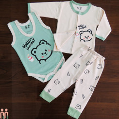 لباس ست نوزادی و کودک پسرانه بادی رکابی و مانتو و شلوار نخی 3 تکه کرمی سبز تدی Baby new cotton 3pcs clothes set