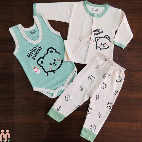 لباس ست نوزادی و کودک پسرانه بادی رکابی و مانتو و شلوار نخی 3 تکه کرمی سبز تدی Baby new cotton 3pcs clothes set لباس ست نوزادی و کودک پسرانه بادی رکابی و مانتو و شلوار نخی 3 تکه کرمی سبز تدی Baby new cotton 3pcs clothes set