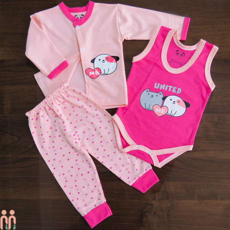 لباس ست نوزادی و کودک دخترانه بادی رکابی و مانتو و شلوار نخی 3 تکه صورتی سرخابی پیشی هاپو Baby new cotton clothes set لباس ست نوزادی و کودک دخترانه بادی رکابی و مانتو و شلوار نخی 3 تکه صورتی سرخابی پیشی هاپو Baby new cotton clothes set
