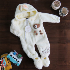 سرهمی نوزاد خزدار بره ای کلاه دار 2 تکه عروسکدار تدی شیری Teddy warm jumpsuits