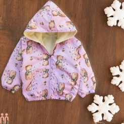 کاپشن دخترانه کلاه دار داخل خز ضدآب صورتی خرس شالگردنی 3 تا 4 سال Kids Jacket