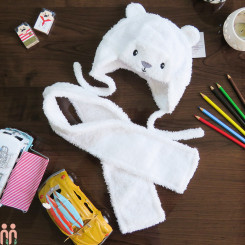 ست کلاه و شال خز نوزاد و کودک روگوشی 2 لایه سفید تدی teddy warm hats