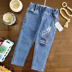 شلوار لی دخترانه اسپرت بچه گانه کمرکشی آبی خرگوش Kids girl jeans pants