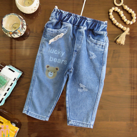 شلوار لی بچه گانه اسپرت کمرکشی آبی تیره خرسی Kids jeans pants