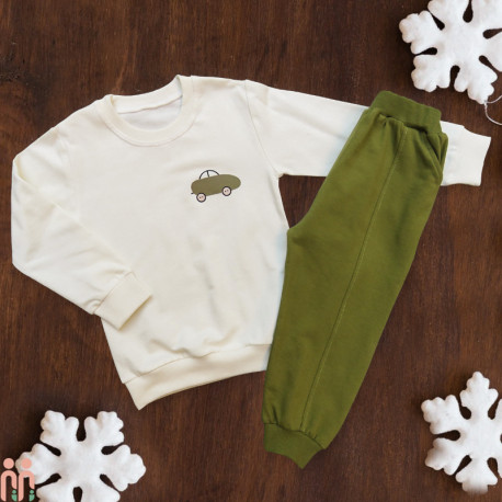 بلوز و شلوار پسرانه دورس اعلا نخی شیری سبز Boy car new set clothes