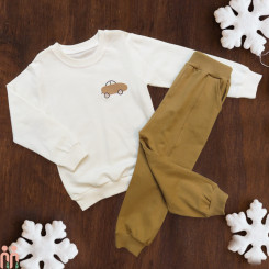 بلوز و شلوار پسرانه دورس اعلا نخی 2 تا 3 سال شیری نسکافه ای ماشین Boy car new set clothes