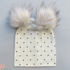 کلاه پوم پوم بچه گانه 2 لایه نخی خالدار شیری baby cotton pom pom hat