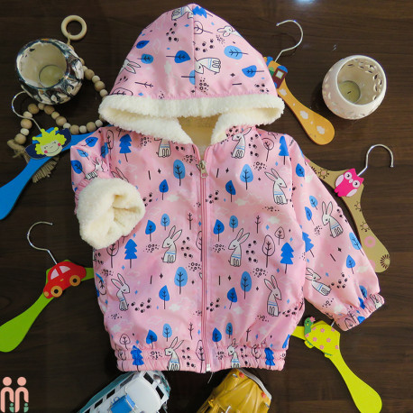 کاپشن خزدار دخترانه کلاهدار 2 لایه ضدآب گرم صورتی خرگوش kids hooded jacket