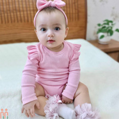 بادی نوزاد و بچه گانه دخترانه نخی کبریتی آستین بلند زیردکمه دار سرشانه چین دار صورتی Baby new bodysuits