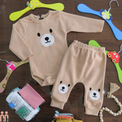بادی زیردکمه دار و شلوار نخی بیسکویتی نسکافه ای خرس کوچولو kids teddy bodysuits and pants