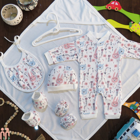 ست لباس بیمارستان نوزاد دخترانه 7 تکه نخی اعلا خرگوش صورتی Baby born clothes set