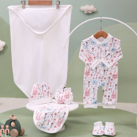 ست لباس بیمارستان نوزاد دخترانه 7 تکه نخی اعلا خرگوش صورتی Baby born clothes set