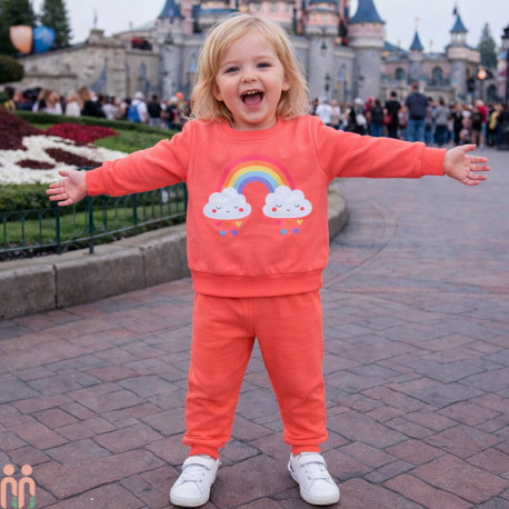 بلوز و شلوار دورس نخی دخترانه ابر و رنگین کمان مرجانی Rainbow set clothes
