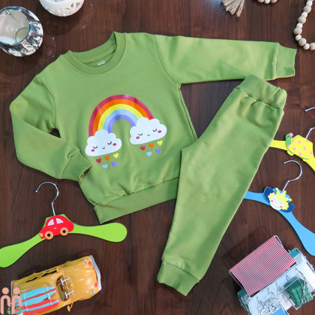 بلوز و شلوار دورس نخی دخترانه ابر و رنگین کمان سبز Rainbow set clothes