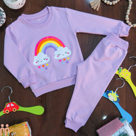 بلوز و شلوار دورس نخی دخترانه ابر و رنگین کمان یاسی Rainbow set clothes