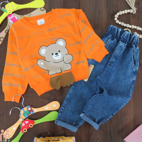 لباس مجلسی اسپرت بچه گانه بلوز دورس و شلوار لی تدی نارنجی 3 بُعدی Kids teddy 3D clothes