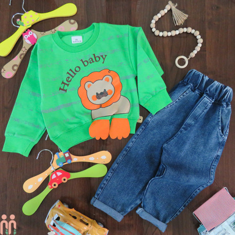 لباس مجلسی اسپرت بچه گانه بلوز دورس و شلوار لی شیر سبز 3 بُعدی Kids lion 3D clothes