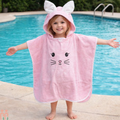 حوله تن پوش مدل پانچو کودک آبگیری عالی خرگوش رنگ صورتی 1 تا 9 سال kids hooded towel