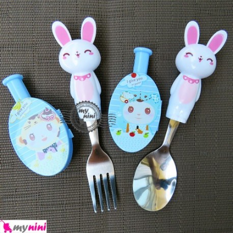 قاشق و چنگال استیل خرگوش سفید و درپوش آبی Cartoon Tableware
