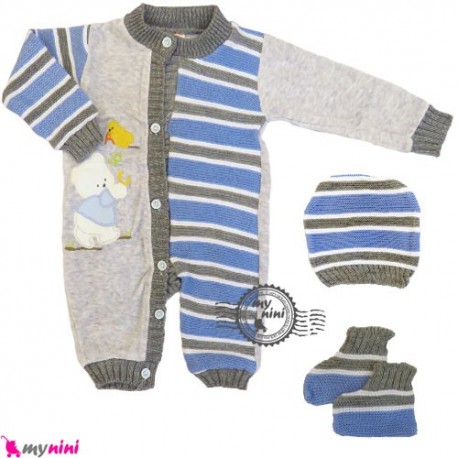 سرهمی بافتنی نوزاد و کودک 3 تکه آبی طوسی Baby woolen sleepsuit