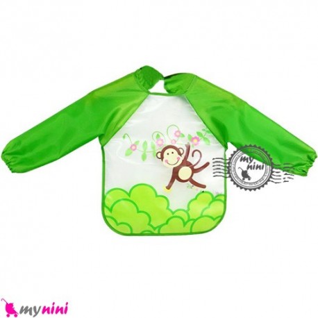 پیشبند لباسی بچه نایلونی سبز میمون Baby long sleeve waterproof bib