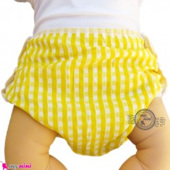شورت دکمه ای نوزاد ضد آب 2 لایه زرد چهارخانه baby waterproof pants