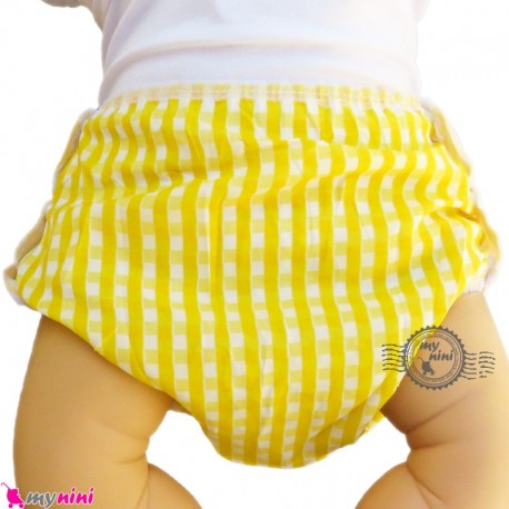 شورت دکمه ای ضد آب نوزاد و کودک 2 لایه زرد چهارخانه baby waterproof pants