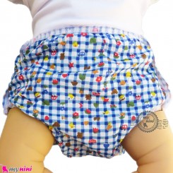 شورت دکمه ای ضد آب نوزاد و کودک 2 لایه چهارخانه طرحدار آبی baby waterproof pants