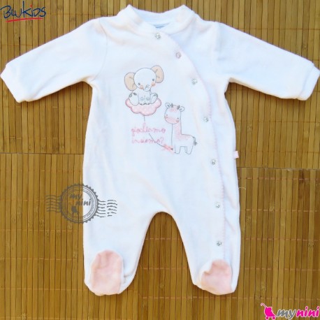 سرهمی گرم مخمل نوزاد و کودک مارک اورجینال بلوکیدز سفید صورتی Blukids baby warm overalls