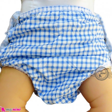 شورت دکمه ای ضد آب نوزاد و کودک 2 لایه چهارخانه آبی baby waterproof pants