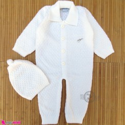 سرهمی بافتنی و کلاه نوزاد و کودک 2 تکه 3 تا 9 ماه شیری Baby knitted warm sleepsuits