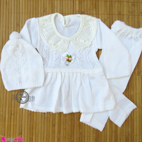 ست لباس بافتنی نوزاد پیراهن و شلوار و کلاه دخترانه یقه گیپور 3 تکه Baby girl knitted dress
