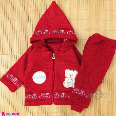 ست سویشرت و شلوار نوزادی بافتنی رنگ قرمز خرسی baby warm clothes set